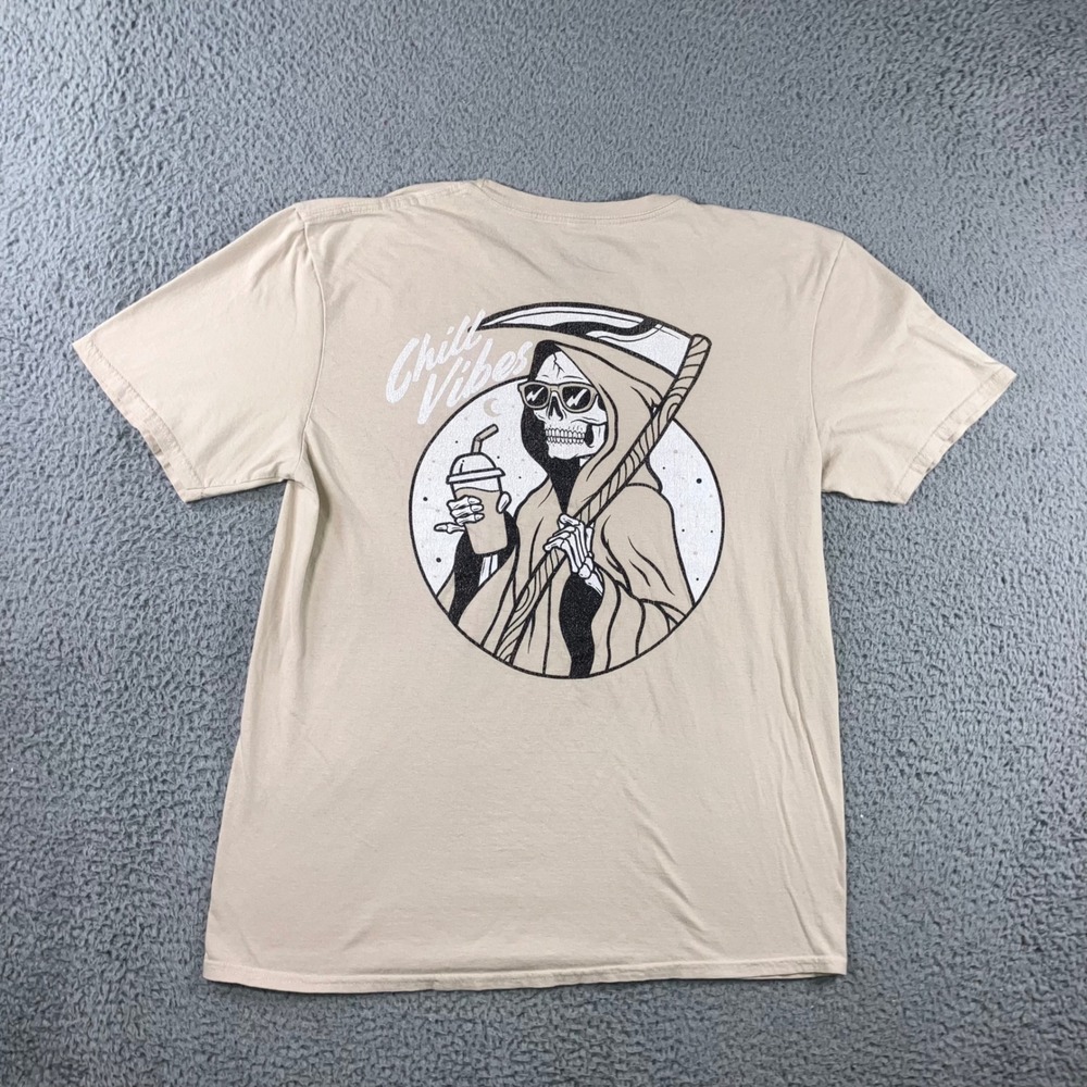 Mad Engine Graphic T-Shirt Men M Tan Chill Vibes Grim Reaper Skeleton S/S Grunge